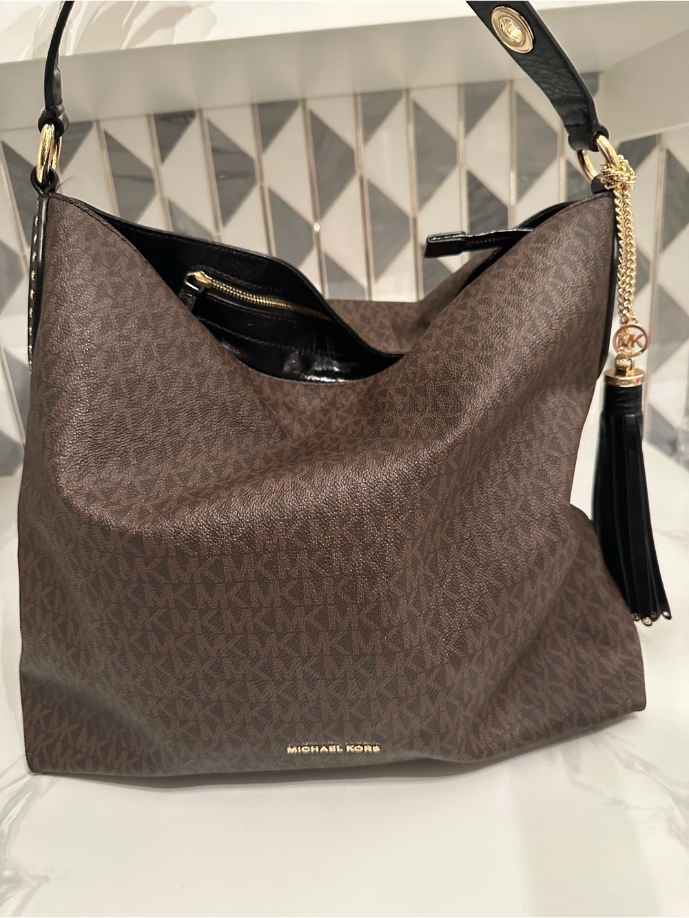 Michael Kors Brooklyn Brown Signature Logo Tassel Hobo Bag